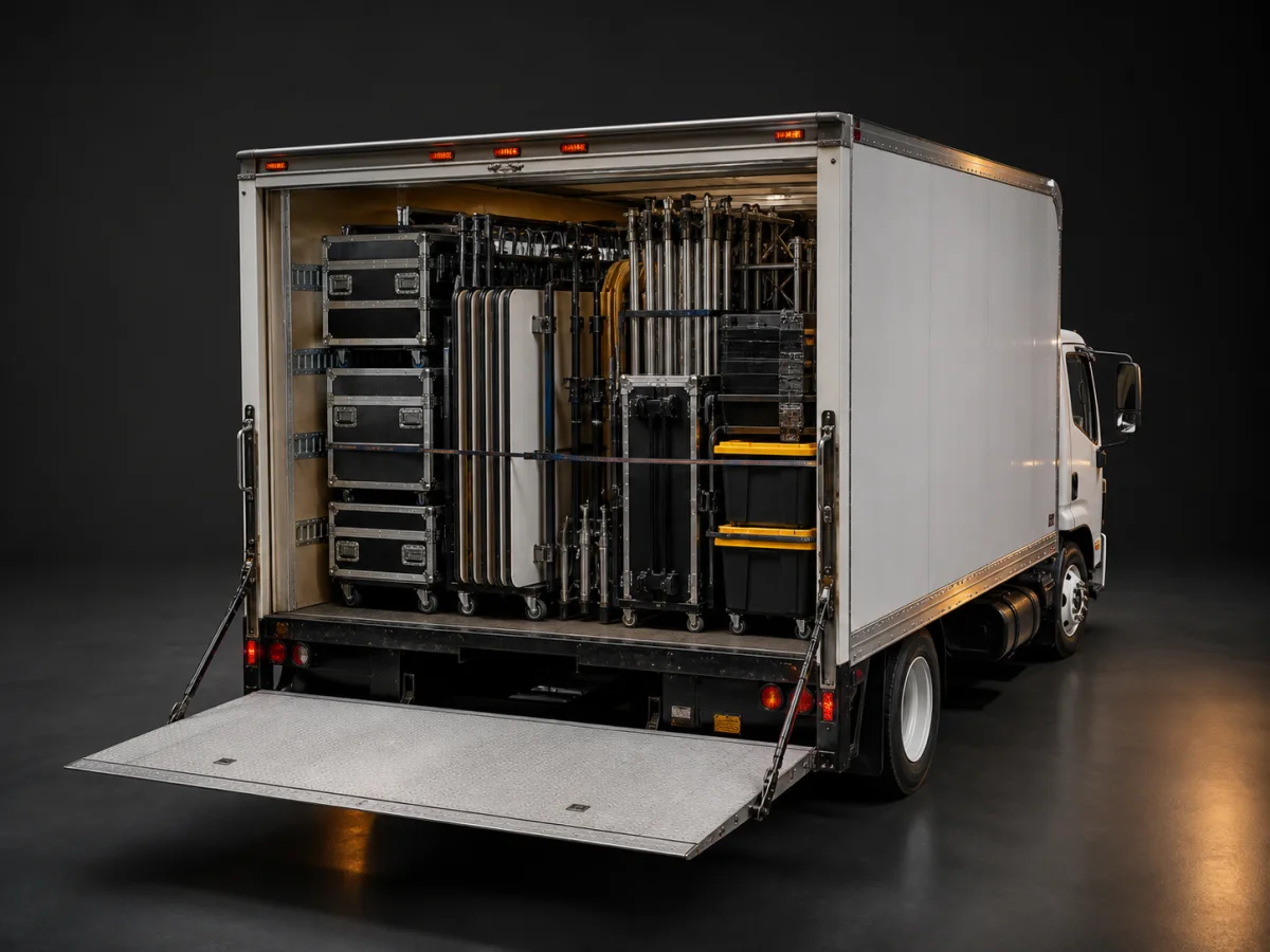 Large rolling production cases, tables, tent frames, and equipment racks loaded in an open box truck