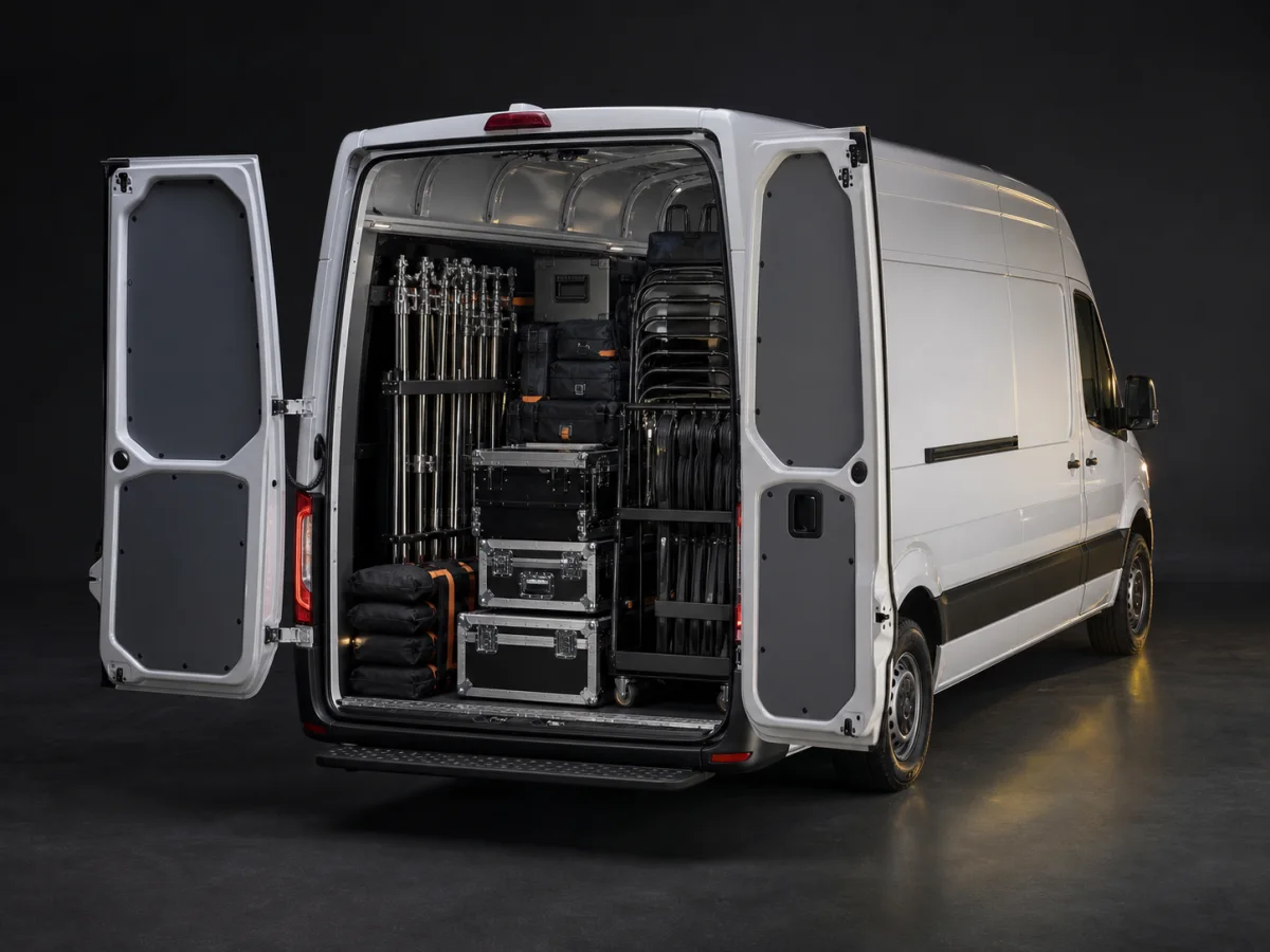 Rolling cases, grip stands, folding chairs, and cable trunks secured in an open cargo van