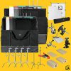 Full photography studio kit with bags, light stands, clamps, backdrops, and accessories on a yellow backdrop.