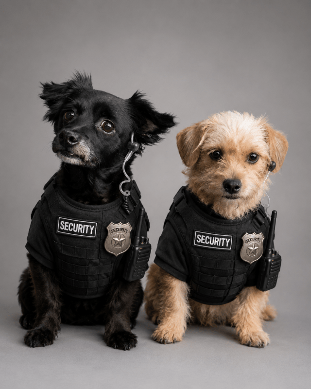 Two small dogs wearing black security vests with badges and radios, sitting against a gray backdrop.