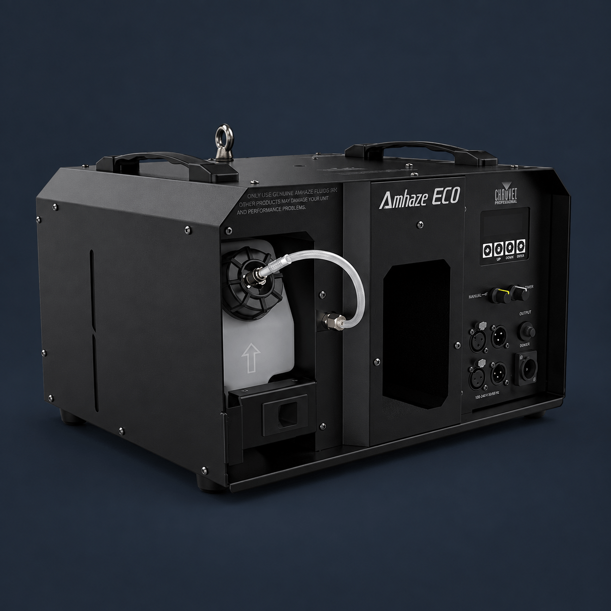 Industrial equipment device labeled Amhaze ECO with a control panel on the right and a hose connection on the left side, used for processing or generating material in a compact black enclosure.