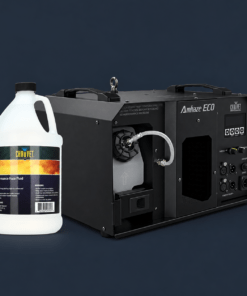 Hazer machine (Amhaze ECO) with a bottle of Chauvet haze fluid placed beside it.