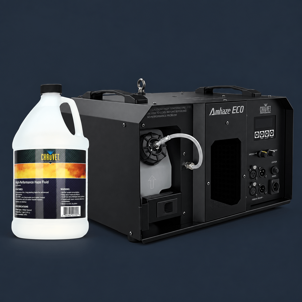 Hazer machine (Amhaze ECO) with a bottle of Chauvet haze fluid placed beside it.