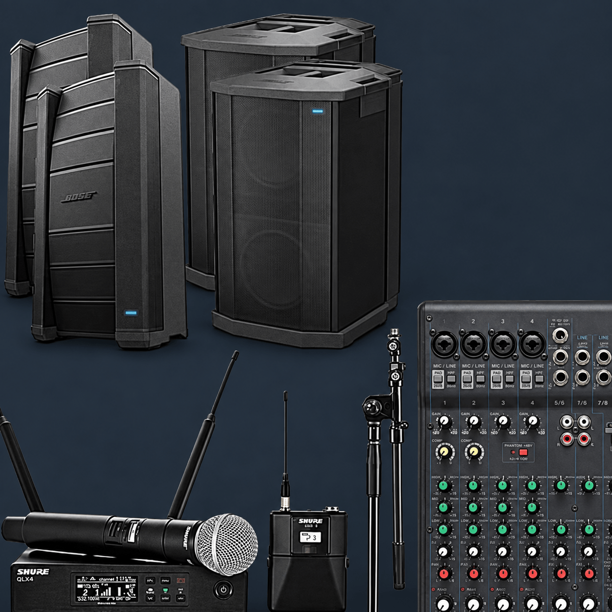 (2) Bose F1 812 Powered Speakers w/ Sub PA/Mixer/Mic Package
