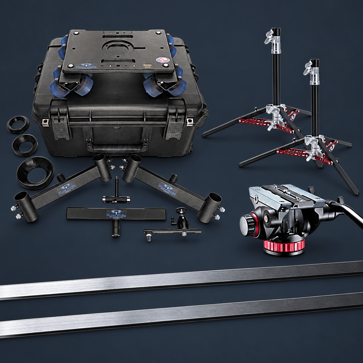 4', 8', or 12' Dana Dolly Package with Track Kit & 2 Stands & Manfrotto 502 Head