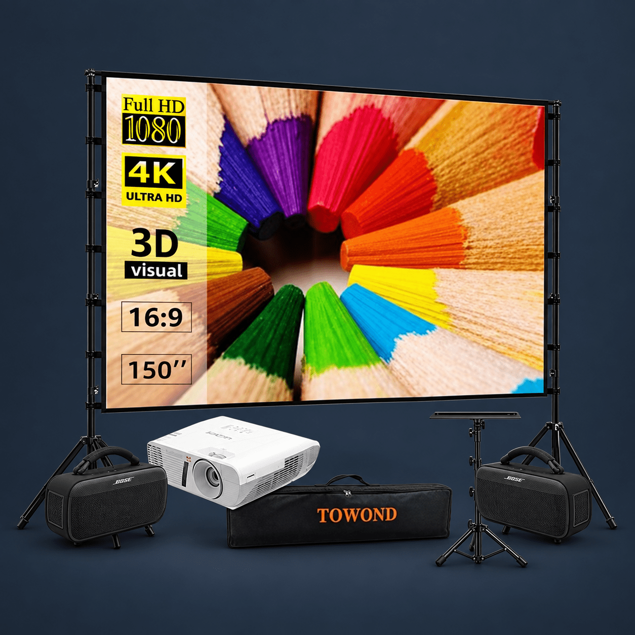Movie Night Max Package with 1080p Projector, Screen, Stand and Bose Audio