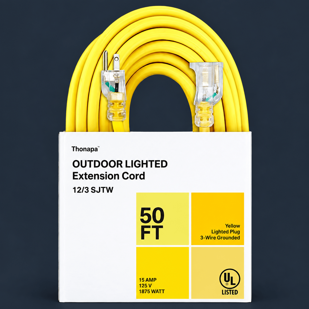 Thonapa 50 Foot Lighted Outdoor Extension Cord - 12/3 SJTW