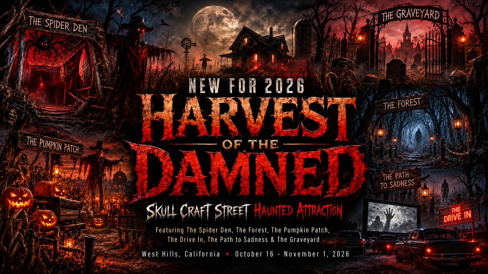 Harvest of the Damned, SkullCraft Street's 2026 haunted attraction in West Hills, California, October 16 through November 1, 2026. The promotional banner depicts a haunted farm, graveyard, forest, spider den, pumpkin patch, and drive-in.