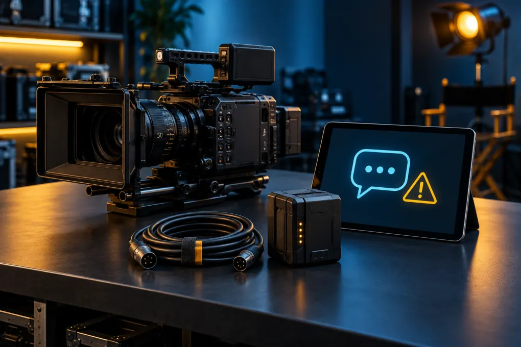 Illustration of a camera and a tablet showing support and caution symbols.